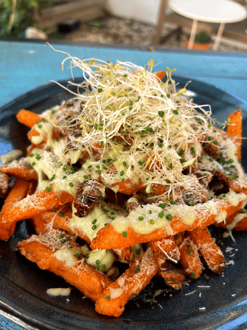 César Sweet Fries: crispy sweet-potato fries with Caesar sauce and parmesan